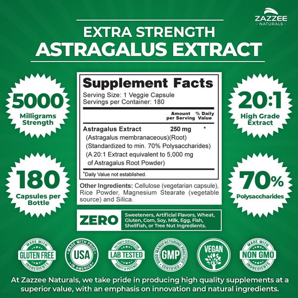 Zazzee Extra Strength Astragalus Root 20:1 Extract, 5000 mg Strength, 180 Vegan Capsules, 70% Polysaccharides, 6 Month Supply, Non-GMO and All-Natural