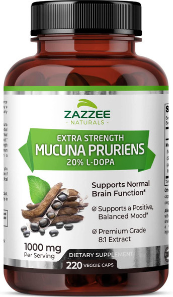 Zazzee Extra Strength Mucuna Pruriens L-Dopa 8:1 Extract, 220 Vegan Capsules, 1000 mg, 20% L-Dopa, Non-GMO, Gluten Free and All-Natural