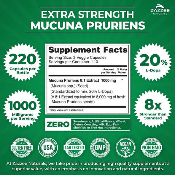 Zazzee Extra Strength Mucuna Pruriens L-Dopa 8:1 Extract, 220 Vegan Capsules, 1000 mg, 20% L-Dopa, Non-GMO, Gluten Free and All-Natural
