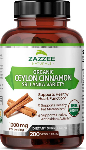 Zazzee USDA Certified Organic Ceylon Cinnamon, 200 Vegan Capsules, 1000 mg per Serving, USDA Certified Organic, Grown in Sri Lanka, Non-GMO and All-Natural