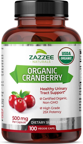 Zazzee USDA Organic Cranberry Extract, 12,500 mg Strength, 100 Vegan Capsules, USDA Certified Organic, Potent 25:1 Extract, Made from Fresh Whole Organic Cranberries, Vegan, All-Natural and Non-GMO