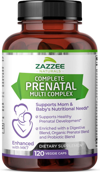 Zazzee Extra Strength Prenatal Multi Complex, 120 Vegan Capsules, Enhanced with MK7, 10 Billion CFU 13-Strain Probiotic Blend, Prenatal Enzyme Digestive Blend and Organic Prenatal Herbal Blend