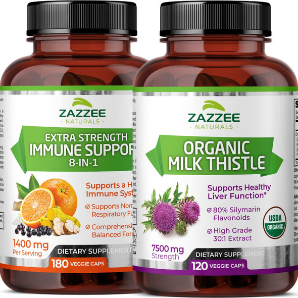 Zazzee USDA Organic Milk Thistle Extract Capsules and Extra Strength 8-in-1 Immune Support Capsules