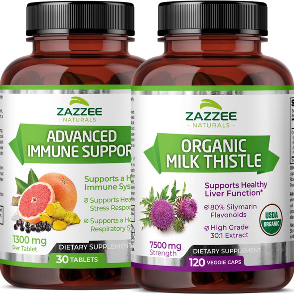 Zazzee USDA Organic Milk Thistle Extract Capsules and Advanced Immune Support Tablets