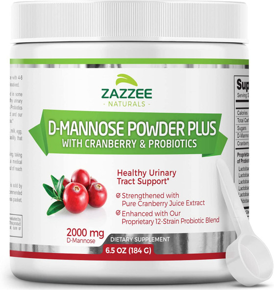 Zazzee D-Mannose Powder Plus, 67 Servings, 6.5 Ounces, Plus 5 Billion CFU Probiotics, Enhanced with Pure Cranberry Juice, Includes Free Scoop, Fast-Acting, Vegan, Non-GMO and All-Natural