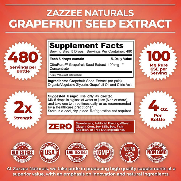 Zazzee Grapefruit Seed Extract (GSE) 4 Ounces | 2X Potency | Maximum Strength | High Absorption | 480 Servings | 100 mg per Serving | Vegan, Liquid Concentrate, Non-GMO and All-Natural