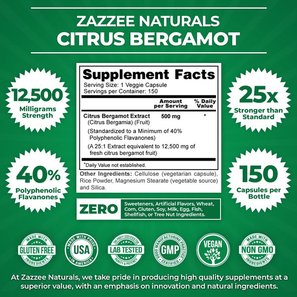 Zazzee Citrus Bergamot 25:1 Extract, 500 mg per Capsule, 150 Vegan Capsules, 40% Polyphenolic Flavanones, 25X Potency, Vegan, Non-GMO and All-Natural