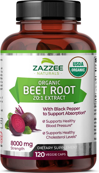 Zazzee USDA Organic Extra Strength Beet Root 20:1 Extract, 8000 mg Strength, 120 Veggie Caps, Enhanced Absorption with Organic Black Pepper Extract, Vegan, All-Natural and Non-GMO