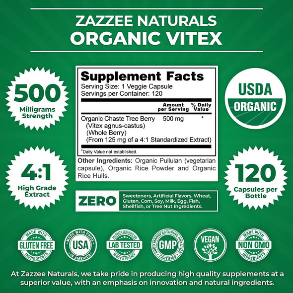 Zazzee USDA Organic Vitex, 500 mg Strength, 120 Vegan Capsules, USDA Certified Organic, Potent 4:1 Extract, Made from Whole Organic Chaste Berry, Vegan, All-Natural and Non-GMO