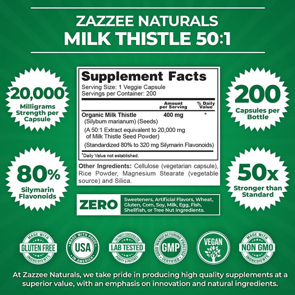 Zazzee Organic Milk Thistle Extract 20,000 mg Strength, 200 Vegan Capsules, Potent 50:1 Extract, 80% Silymarin Flavonoids, Contains Organic Milk Thistle, Over 6 Month Supply, Non-GMO and All-Natural