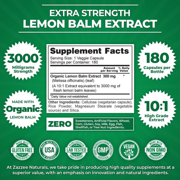 Zazzee Organic Lemon Balm 10:1 Extract, 180 Vegan Capsules, 3000 mg Strength per Capsule, 6 Month Supply, Non-GMO and All-Natural