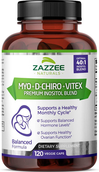 Zazzee Myo-Inositol + D-Chiro + Vitex, 120 Vegan Capsules, Optimal 40:1 Inositol Ratio, with 500 mg Vitex, Vegan, Non-GMO and All-Natural, Supports Healthy Ovulation and a Regular Cycle