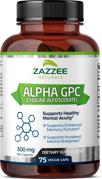 Zazzee Alpha GPC Choline 600 mg per Serving, 75 Count, Vegan, Support for Overall Brain Function, Memory, Focus and Concentration