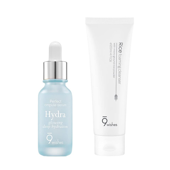 9 wishes Daily Moisturizing Care Duo  Rice Foaming Cleanser  Hydra Ampoule Serum  Hydrating Korean Skin Care