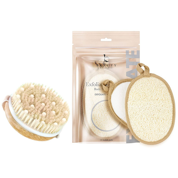 Dry Brushing Body Brush  Round Exfoliating Brush For Cellulite and Improved Lymphatic Drainage Massager  Exfoliating Loofah Sponge Body Scrubber  2 pk Natural Loofah Sponges Removes Dead Skin
