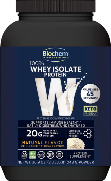 Biochem 100 Whey Isolate Protein  Natural Flavor  20g of Protein  Pre  Post Workout  Meal Replacement  KetoFriendly  Easily Digestible  Silky Smooth Taste  Easy to Mix 36.9 oz