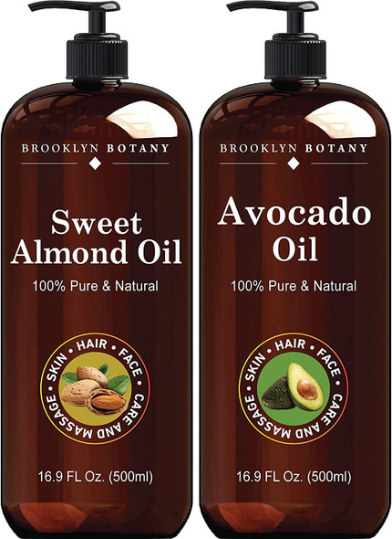 Brooklyn Botany Sweet Almond Oil and Avocado Oil for Skin and Hair  100 Pure and Cold Pressed  Carrier Oil for Essential Oils Aromatherapy and Massage  Moisturizing Skin Hair and Face  16 fl Oz