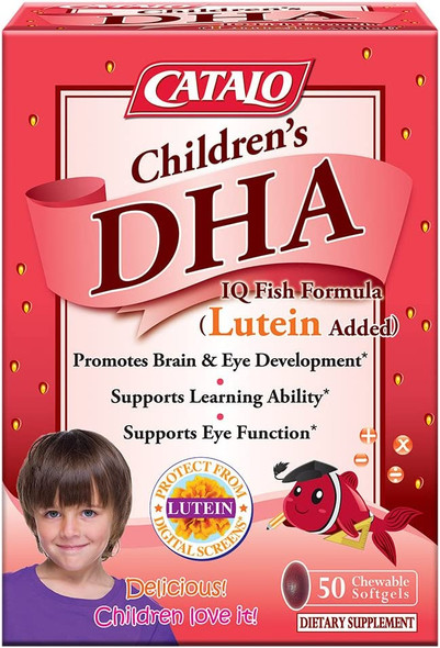 CATALO  Childrens DHA IQ Fish Formula Lutein Added Support Brain Eye Development with Omega 3 DHA EPA and Lutein from Marigold Extract 50 Strawberry Flavor Chewable Softgels