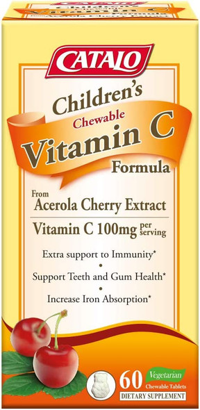 CATALO Childrens Vitamin C Formula Immunity Support with 100mg Vitamin C from Acerola Cherry Extract 60 Chewable Orange and Pineapple Flavor Tablets