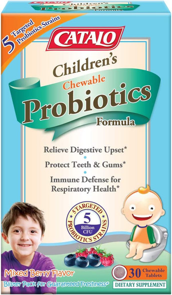 CATALOChildrens Probiotics Chewable Formula Support Immune and Digestive Health Improve Oral Health with 5 Strains and 5 Billion Active Probiotics 30 Mixed Berry Flavor Chewable Tablets