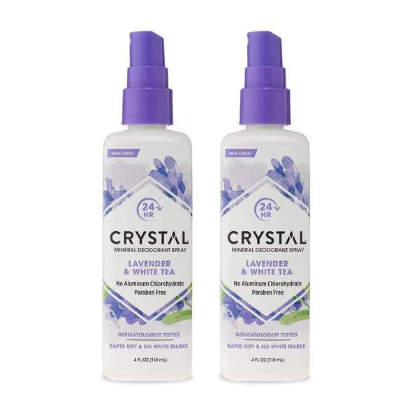 CRYSTAL Mineral Deodorant Spray Body Deodorant With 24Hour Odor Protection Lavender  White Tea Spray NonStaining Aluminum Chloride  Paraben Free 4 FL OZ  Pack of 2