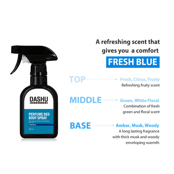 DASHU Solution Perfume Deo Body Spray Fresh Blue 6.76fl oz  Body mist Deodorizing body spray Odor protection Refreshing Fresh Blue