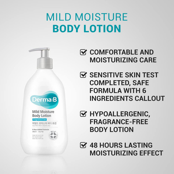 Derma B Mild Moisture Body Lotion Fragrance Free for Dry  Sensitive Skin with Witch Hazel and Squalane Unscented Moisturizer 13.5 Fl Oz 400ml