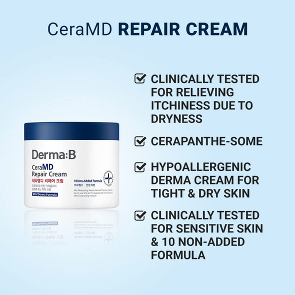 Derma B CeraMD Repair Body Cream Unscented Moisturizer for Dry and Rough Skin Relieves Itchiness due to Dryness Fragrance Free 14.54 Fl. Oz. 430ml