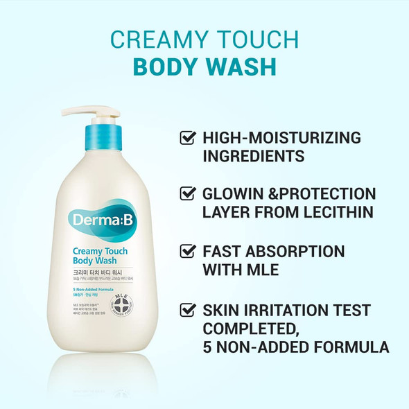 Derma B Creamy Touch Body Wash Mild Moisturizing Cleanser with 48 Hour Long Hydration 13.5 Fl Oz 400ml