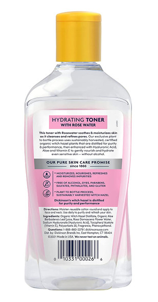 Dickinsons Enhanced Witch Hazel Hydrating Toner with Rosewater Alcohol Free 98 Natural Formula 16 Fl Oz