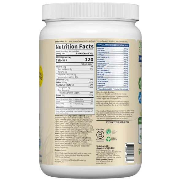 Garden of Life Organic Vegan Protein Plant Based Powder  Vanilla  19.05oz Certified Gluten Free Non GMO Dairy Free 20g Protein Per Serving