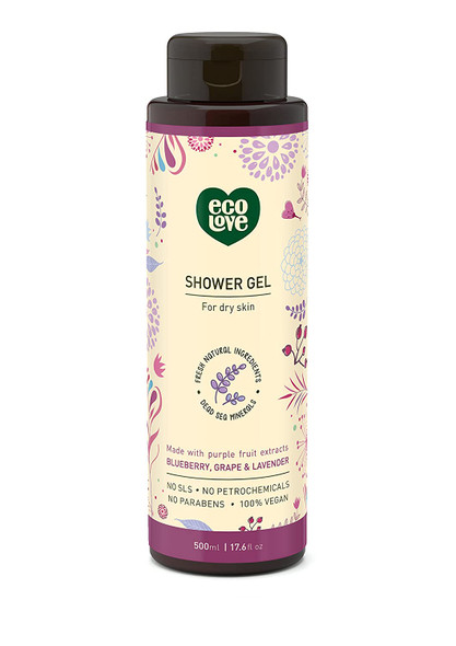 ecoLove  Natural Moisturizing Body Wash for Dry Skin  Organic Blueberry Grape  Lavender  No SLS or Parabens  Vegan and CrueltyFree Shower Gel 17.6 oz