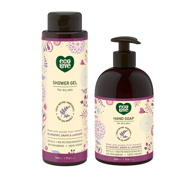 ecoLove  Natural Moisturizing Body Wash for Dry Skin  Natural Liquid Hand Soap  Organic Blueberry Grape  Lavender  No SLS or Parabens  Vegan and CrueltyFree Shower Gel 17.6 oz