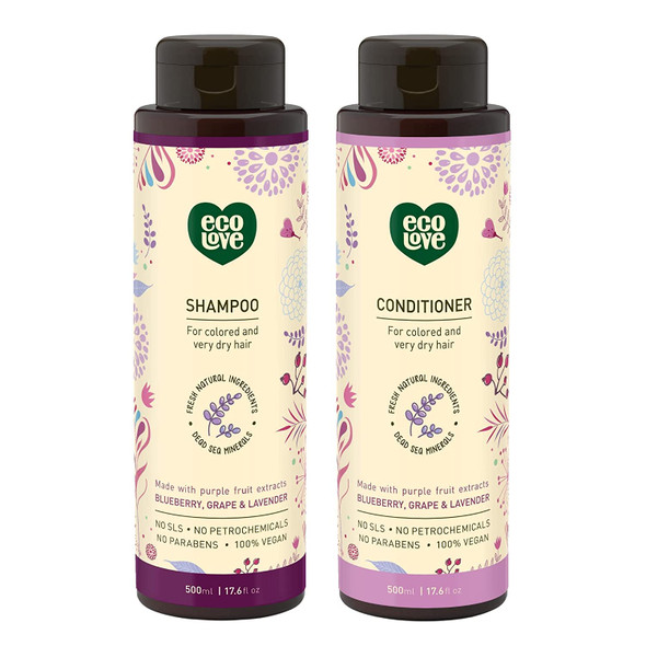 ecoLove  Natural Shampoo  Conditioner Set for Dry Damaged Hair and Color Treated Hair  With Natural Lavender Extract  No SLS or Parabens  Vegan and CrueltyFree 17.6 oz.