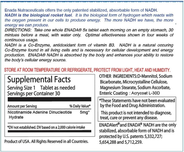 ENADA 5X NADH Supplement Reduced Nad  more efficient than NMN  Natural Energy Supplement that Support Immunity DNA Repair Antioxidant  Serves as Energy and Memory Booster  30 Tablets 1 per serving