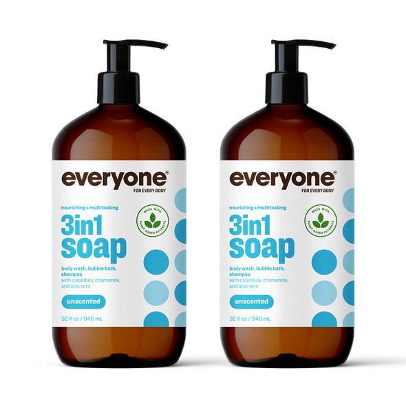 Everyone 3in1 Soap Body Wash Bubble Bath Shampoo Unscented Coconut Cleanser with Organic Plant Extracts and Pure Essential Oils 32 Fl Oz Pack of 2