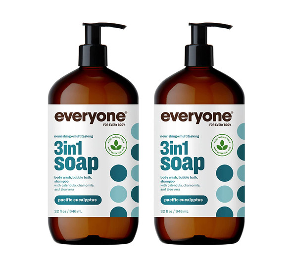 Everyone 3in1 Soap Body Wash Bubble Bath Shampoo 32 Ounce Pack of 2Pacific Eucalyptus Coconut Cleanser with Plant Extracts and Pure Essential Oils