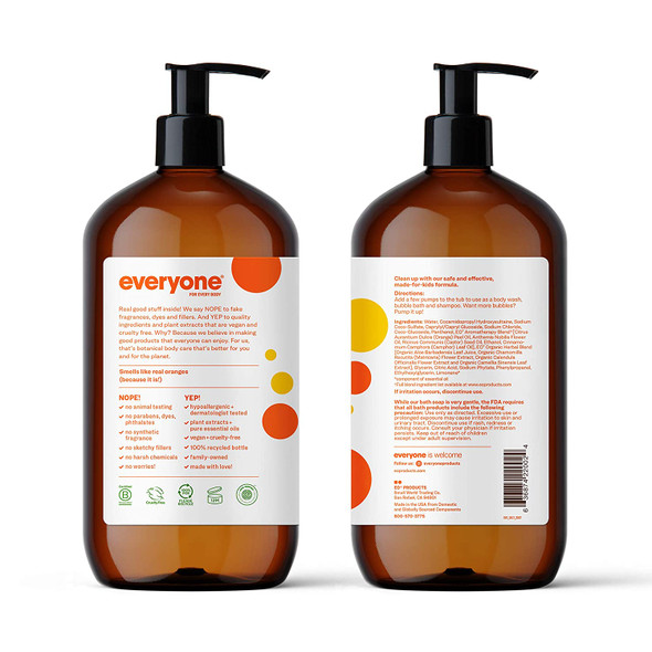 Everyone 3in1 Kids Soap Body Wash Bubble Bath Shampoo Orange Squeeze Coconut Cleanser with Organic Plant Extracts and Pure Essential Oils 32 Fl Oz Pack of 2