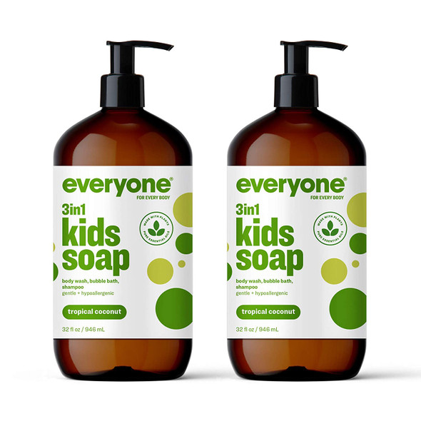 Everyone 3in1 Kids Soap Body Wash Bubble Bath Shampoo 32 Ounce Pack of 2 Tropical Coconut Twist Coconut Cleanser with Organic Plant Extracts and Pure Essential Oils