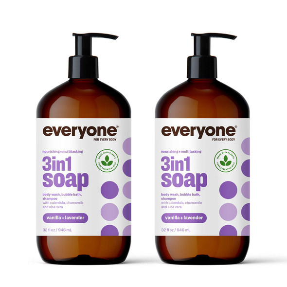 Everyone 3in1 Soap Body Wash Bubble Bath Shampoo 32 Fl Ounce Pack of 2 Vanilla and Lavender Coconut Cleanser with Organic Plant Extracts and Pure Essential Oils Packaging May Vary
