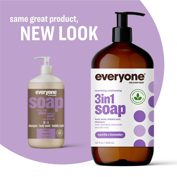 Everyone 3in1 Soap Body Wash Bubble Bath Shampoo 32 Fl Ounce Pack of 2 Vanilla and Lavender Coconut Cleanser with Organic Plant Extracts and Pure Essential Oils Packaging May Vary