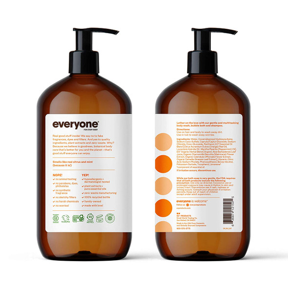 Everyone 3in1 Soap Body Wash Bubble Bath Shampoo 32 Fl Oz Pack of 2 Citrus and Mint Coconut Cleanser with Organic Plant Extracts and Pure Essential Oils