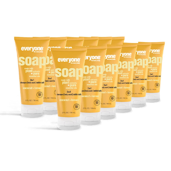 Everyone 3in1 Soap Travel Size Body Wash Bubble Bath and Shampoo Coconut and Lemon 2 Fl Ounce  Pack of 12