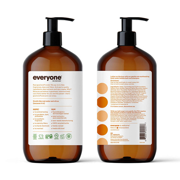 Everyone 3in1 Soap Body Wash Bubble Bath Shampoo 32 Ounce Pack of 2 Cedar and Citrus Coconut Cleanser with Organic Plant Extracts and Pure Essential Oils