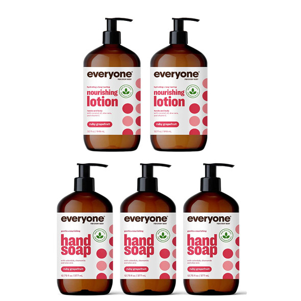 Everyone Nourishing Ruby Grapefruit Set Body Lotion 32 Ounce 2 Pack  Hand Soap 12.75 Ounce 3 Pack PlantBased Cleanser and Lotion with Pure Essential Oils Coconut Oil Aloe Vera and Vitamin E