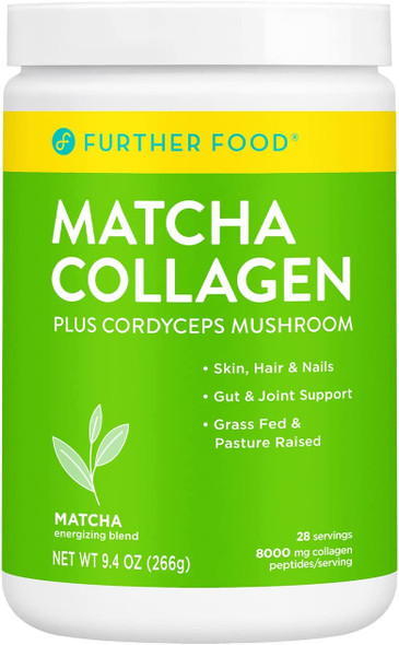 Further Food Grass Fed Matcha Collagen Peptides Supplement Powder  Organic Matcha  Cordyceps for All Day Energy Mental Clarity  Immunity  Premium for Gut Health Joints Skin Hair  Nails