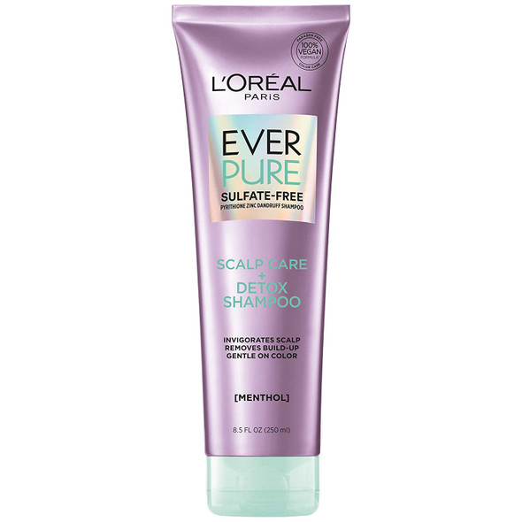 L'Oreal Paris EverPure Scalp Care + Detox Sulfate Free Shampoo for Color-Treated Hair, Anti-Dandruff, Invigorates Scalp and Removes excess build-up, Menthol and Neem Leaf Extract, 8.5 Ounce