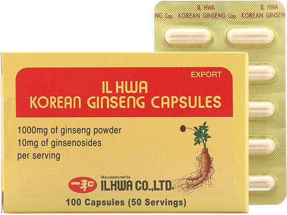 ILHWA Ginseng Powder Capsule 100 Capsules 50 Servings  1000mg of 100 Korean Panax Root Powder 10mg of Ginsenoside Per Serving