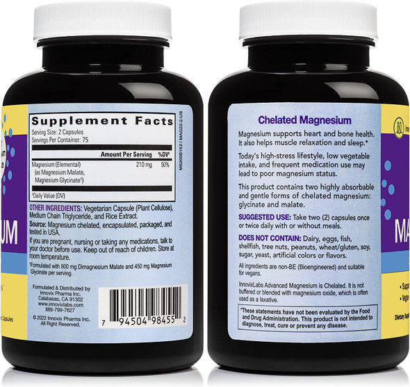 InnovixLabs Advanced Magnesium High Absorption Magnesium Glycinate  Magnesium Malate Highly Bioavailable Chelated Magnesium 210 mg per Serving Soy  GlutenFree NonGMO  Vegan 150 Capsules