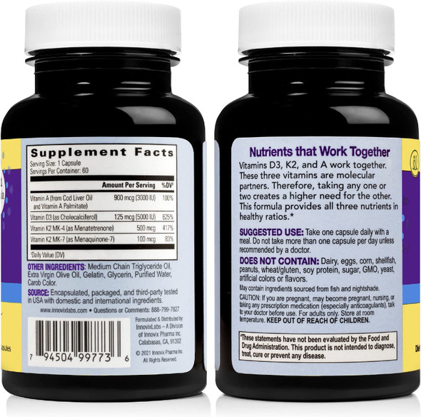 InnovixLabs ADK Vitamin Supplement  Vitamin D3 K2 5000 IU  Low Dose Vitamin A for Absorption  Contains Both Vitamin K2 MK7  MK4  Supports Immune System Heart  Bones  60 Capsules